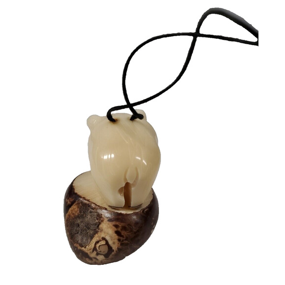 Tagua Nut Carving Polar Bear With Fish Hanging Ornament - Picture 3 of 7